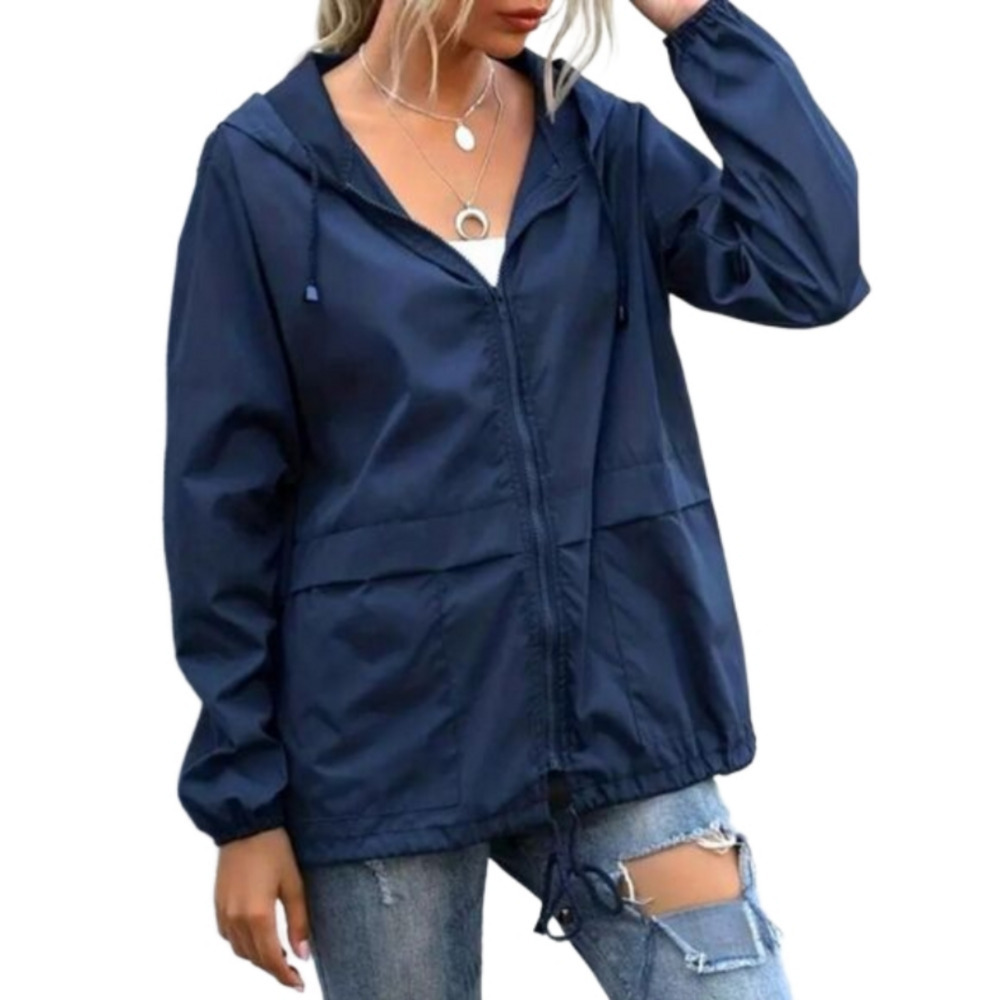 Blue Drawstring Solid Hooded  Jacket Casual